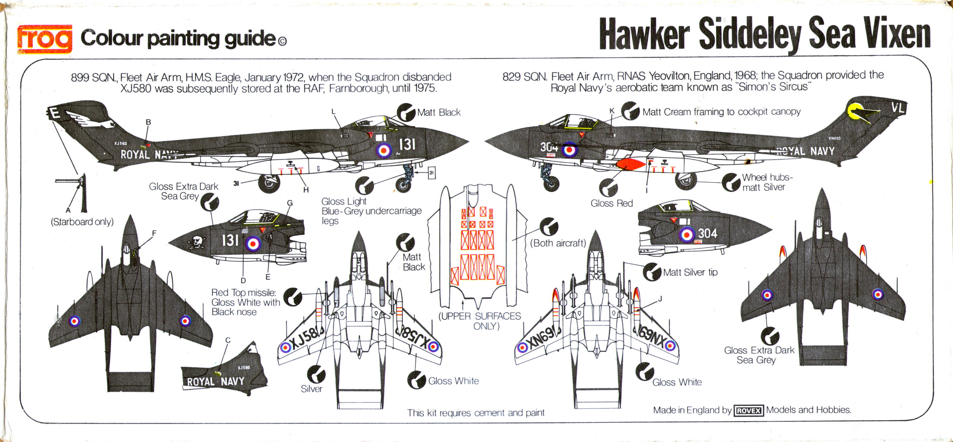 Colour painting guide FROG F409 Orange Series Sea Vixen FAW.Mk.2 Strike Fighter, ROVEX Models and Hobbies, 1976